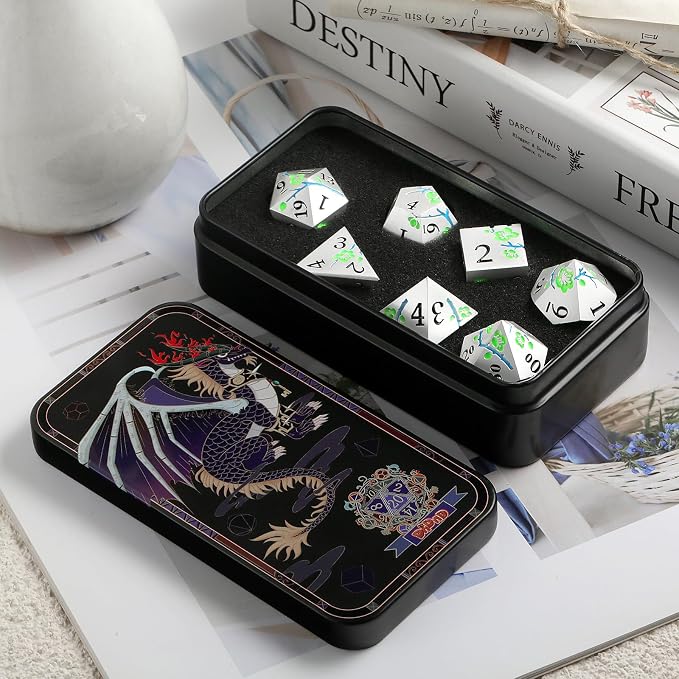 Glow in The Dark Metal Dice, DNDND 7 PCS Green Metallic D&D Dice Set - Image 8
