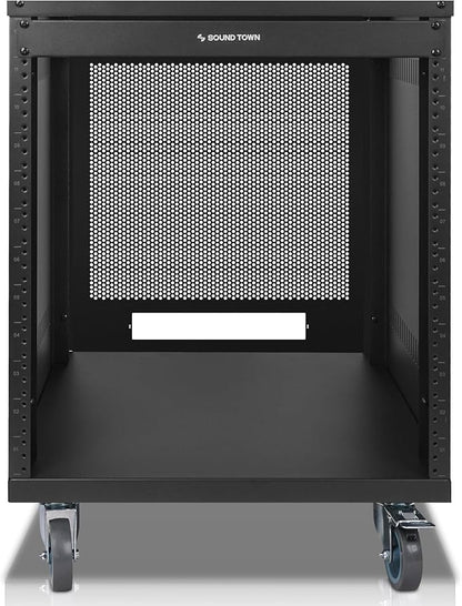 Sound Town 12U Universal Steel Rack, w/Mesh Doors, Locking Casters, Vented Side - Image 3