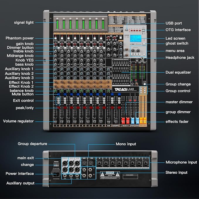 Digital Mixer 16 Channel, Sound Board Mixing Console, Dual DSP Reverb, Dual - Image 7