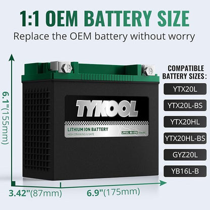 TYKOOL YTX20L-BS-STD Lithium LiFePO4 Motorcycle Battery 12v, 2X Cranking Amps - Image 3