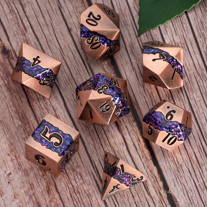 Polyhedral Metal Dice DND, RPG Purple Glitter Stripe Dice Set, Antique Copper - Image 4