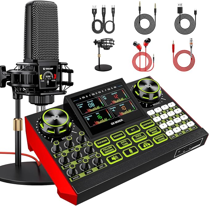 Podcast equipment bundle with live sound card audio mixer, podcast equipment by tenlamp