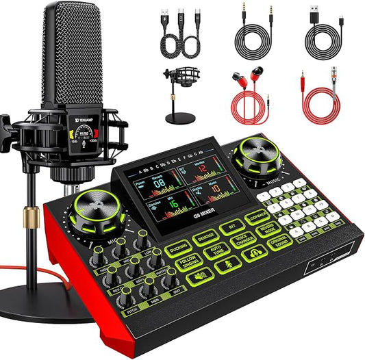 Podcast equipment bundle with live sound card audio mixer, podcast equipment by tenlamp