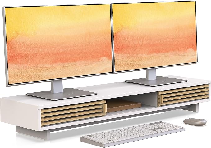 Dual Monitor Stand Riser with Sliding Door, Double Computer Laptop Stand Desk by WELLWENG