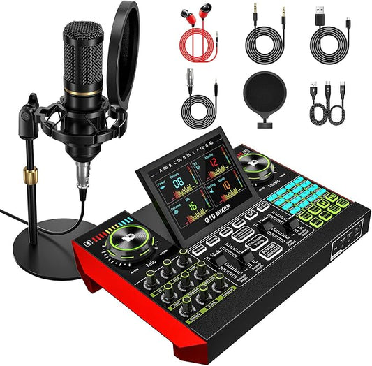 Podcast microphone bundle, live sound card, streaming audio mixer, podcast by tenlamp