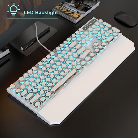 MageGee Typewriter Mechanical Gaming Keyboard, Retro Punk White Round Keycaps - Image 2