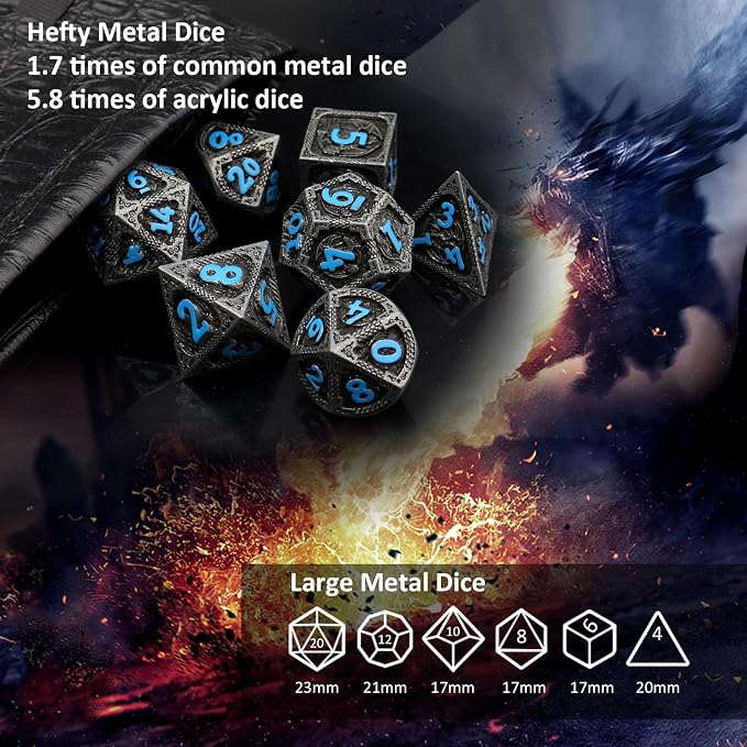 Haxtec Metal DND Dice Set Black Blue Dragon D&D Dice Set - Image 6