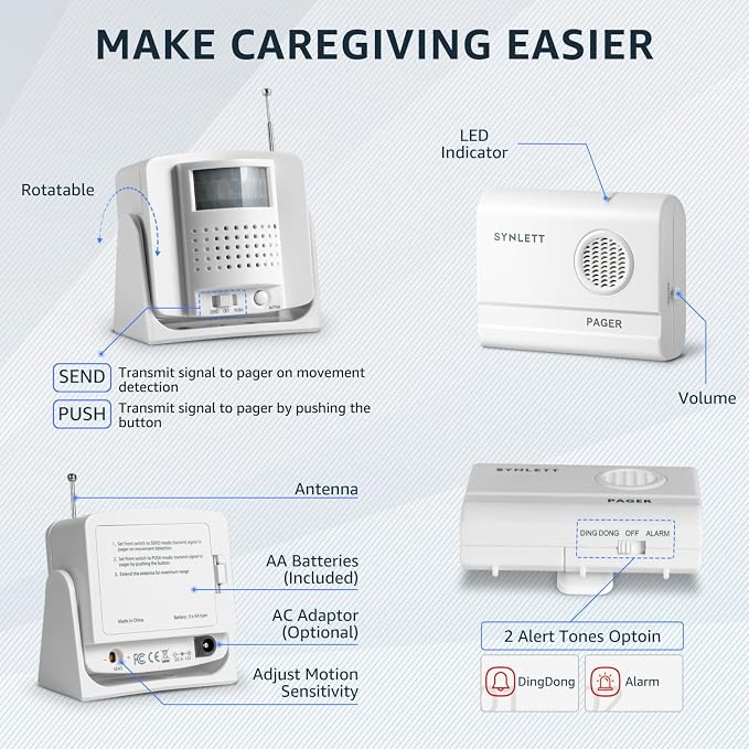 Bed Alarm Caregiver Pager with 2 Wireless Motion Sensors Alarm Indoor Fall - Image 7