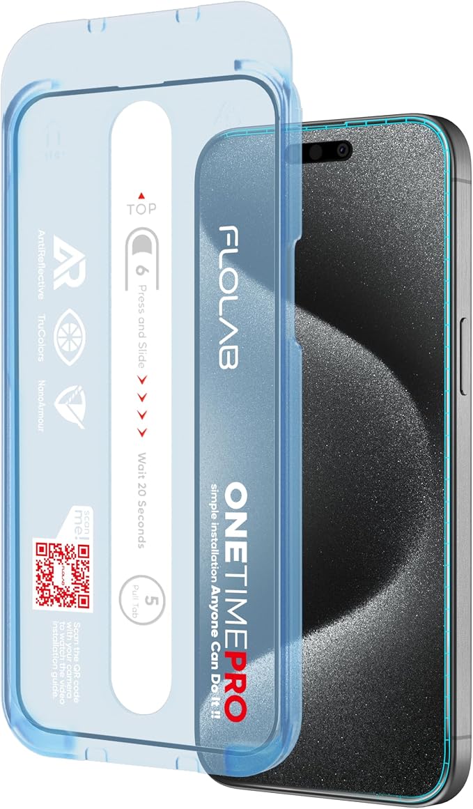 FLOLAB NanoArmour ONETIME PRO for iPhone 15 Screen Protector, Anti-Reflective by Flolab