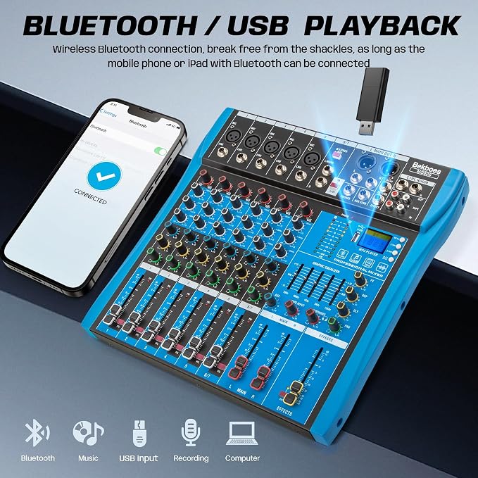 Professional Audio Mixer, 6 Channel, Input 48V Phantom Power Stereo Digital USB - Image 2