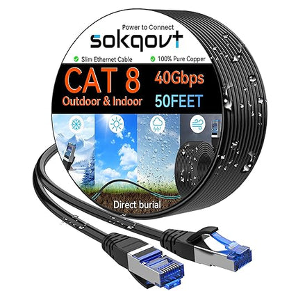 Sokqovt Cat 8 Ethernet Cable Slim 50ft Outdoor&Indoor, Pure Copper Cat8 by Unknown