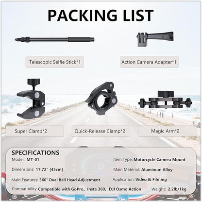 Motorcycle Camera Mount for Insta 360 x5, Adjustable GoPro Bike Extension Pole - Image 8