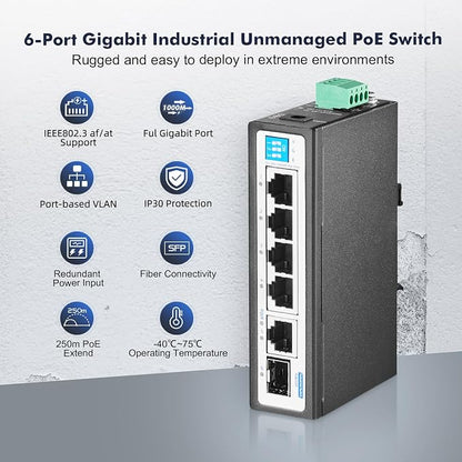 6 Port Mini Gigabit Industrial DIN-Rail PoE Switch, 4 x 100/1000Mbps POE Ports - Image 2