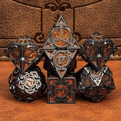 Orange Black Nickel Finish Heavy Metal DND Dice Set - Image 5