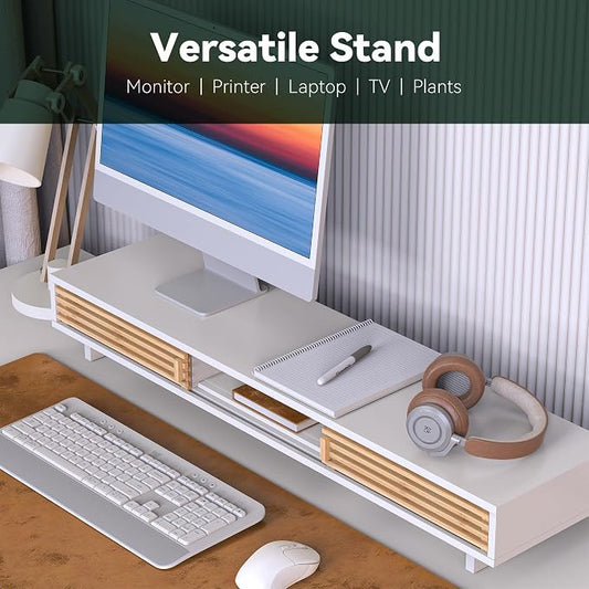 Dual Monitor Stand Riser with Sliding Door, Double Computer Laptop Stand Desk - Image 2