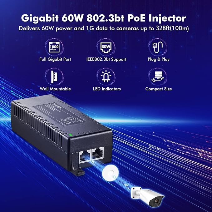 MokerLink Gigabit PoE Injector, 802.3af/at/bt 60W, 10/100/1000Mbps Ethernet - Image 2