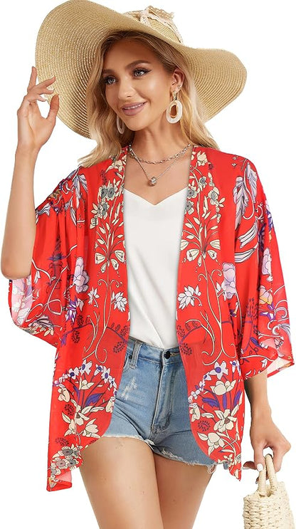 Women's Floral Print Puff Sleeve Kimono Cardigan Loose Cover Up Casual Blouse - Image 5