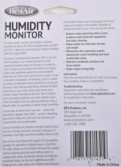 RPS PRODUCTS BestAir Analog Humidity Monitor & Temperature Gauge, Freestanding - Image 3