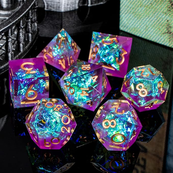 ARUOHHA DND Resin Dice Set 7Pcs Handmade Glitter Inclusions Sharp Edge Dice - Image 6