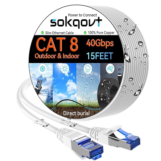 Sokqovt Cat 8 Ethernet Cable Slim 15ft Outdoor&Indoor, Pure Copper Cat8 by Unknown
