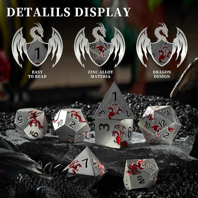 Metal Dice Set D&D, HNCCESG Polyhedral Dice 7 Piece Dice Dragon Metallic DND - Image 4