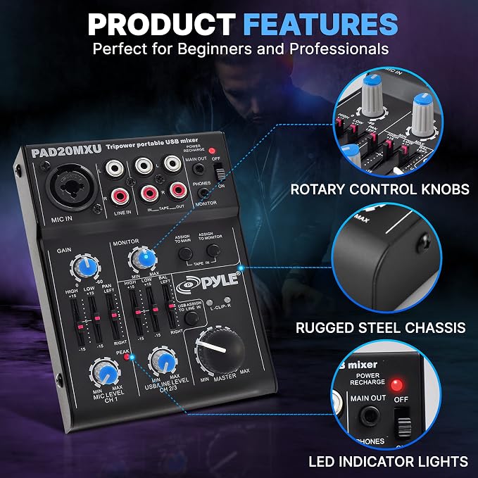 Pyle 5-Channel Professional Audio Mixer DJ Sound Board – Compact Music Mixer - Image 6