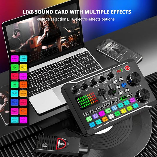 Facmogu F998 Live Sound Card Audio Mixer, Podcast Audio Interface - Image 2
