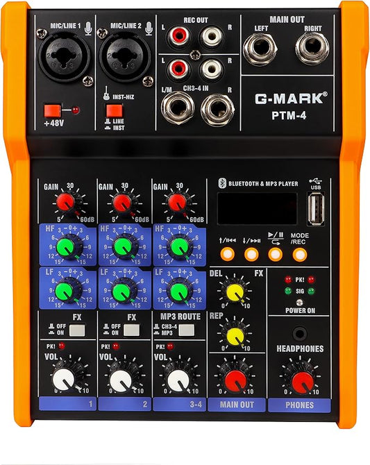 G-MARK Analog Mixer Audio 4 Channel DJ Audio Mixer Bluetooth Studio Karaoke by G-MARK