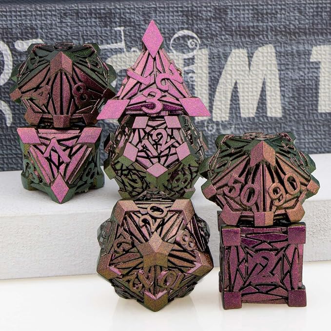7PCS Metal DND Dice Set with Box, Debris RPG Purple Red D and D Dice - Image 5
