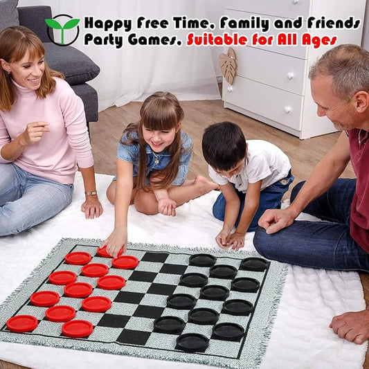 Giant Checkers Board Game Set, 3 in 1 Tic Tac Toe Board Draughts Reversible Rug - Image 2
