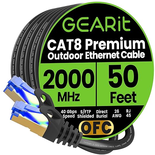 GEARit Cat8 Outdoor Ethernet Cable Waterproof, Direct Burial, LLDPE UV Jacket by GEARit