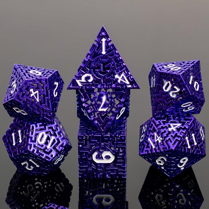 Purple Metal Hollow DND Dice Set Metallic Luster Maze Design by Unknown