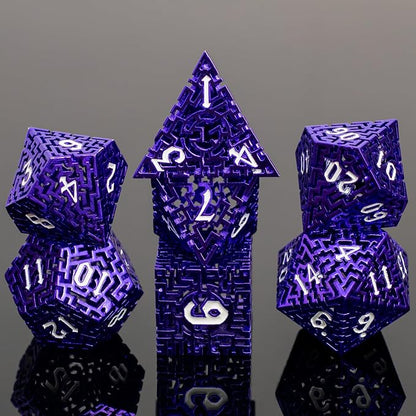 Purple Metal Hollow DND Dice Set Metallic Luster Maze Design by Unknown