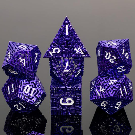 Purple Metal Hollow DND Dice Set Metallic Luster Maze Design by Unknown