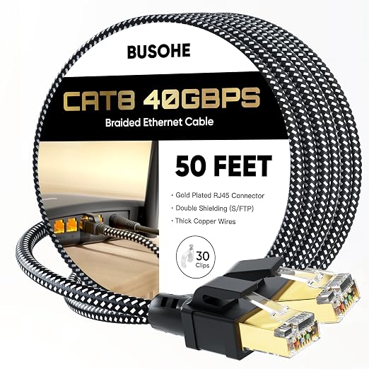 BUSOHE Cat 8 Ethernet Cable 50 FT, High Speed 40Gbps 2000Mhz Braided Network by BUSOHE