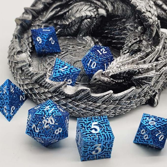 Blue Metal Hollow DND Dice Set Metallic Luster Maze Design - Image 8