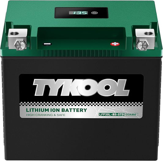 TYKOOL YIX30L-BS-STD, Lithium LiFePO4 Motorcycle Battery 12v, Digital Readout by TYKOOL