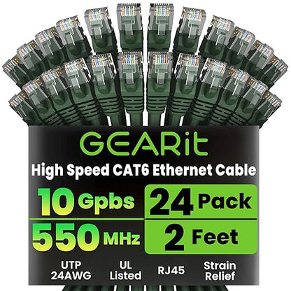 GEARit Cat 6 Ethernet Patch Cables 2 ft Green, CAT6 High Speed 24AWG 10Gbps by GEARit