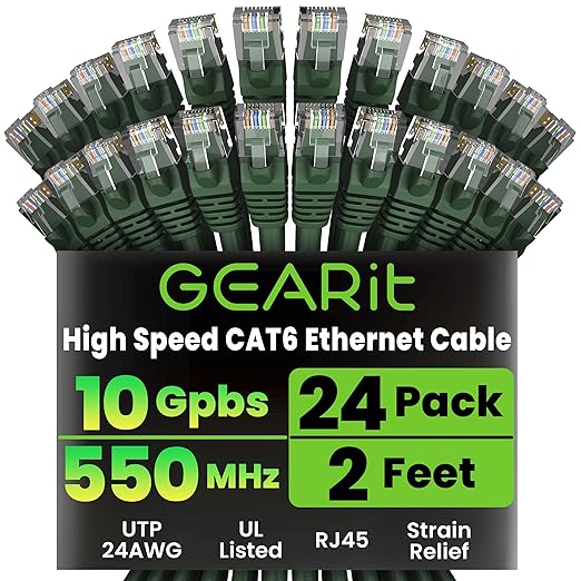 GEARit Cat 6 Ethernet Patch Cables 2 ft Green, CAT6 High Speed 24AWG 10Gbps by GEARit
