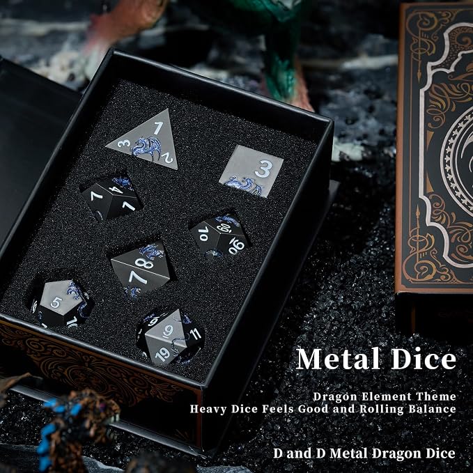 Metal Dice Set D&D, Glitter Blue Dragon Heavy Metallic DND Dice, Polyhedral - Image 5