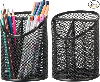 2 Pack Pen Holder Mesh Round Pencil Holder Desktop Organizer 3 Compartments by Delifox