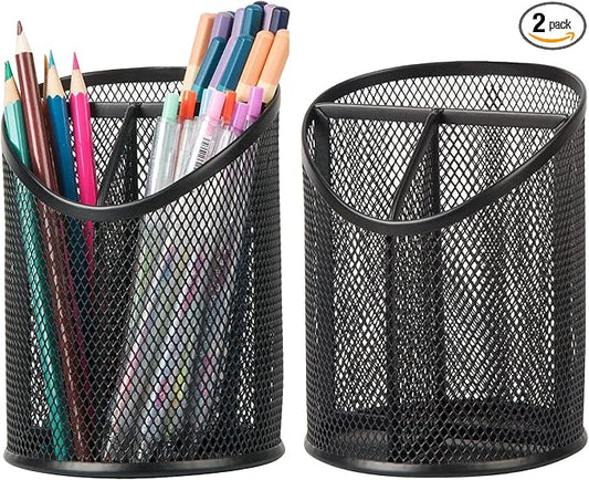 2 Pack Pen Holder Mesh Round Pencil Holder Desktop Organizer 3 Compartments by Delifox