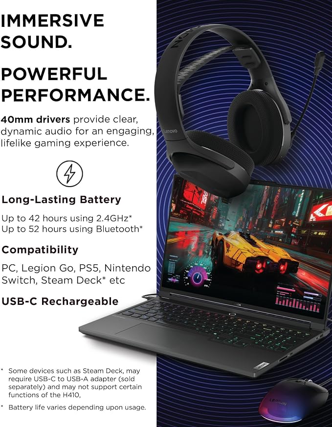 Lenovo Legion H410 Wireless Gaming Headset, Lightweight, Adjustable Headband - Image 5
