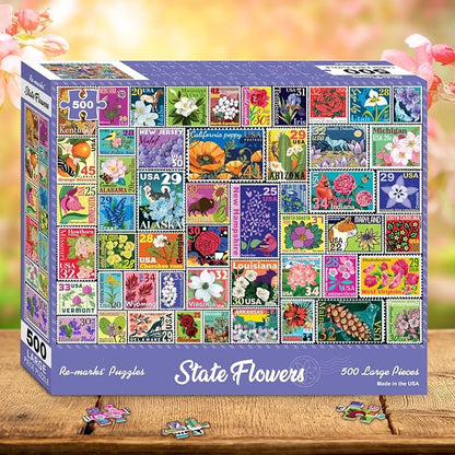Re-marks State Flowers Stamp Collage Jigsaw Puzzle, 500 Large Piece Jigsaw - Image 5