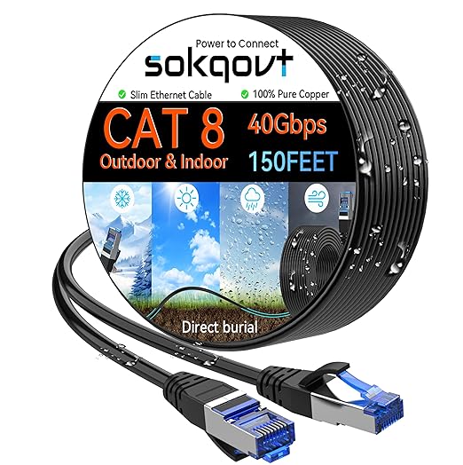 Sokqovt Cat 8 Ethernet Cable Slim 150ft Outdoor&Indoor, Pure Copper Cat8 by Unknown
