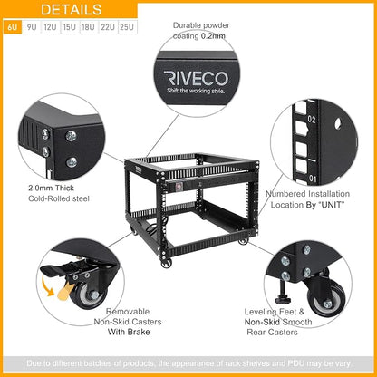 RIVECO 6U Server Rack with Wheels Open Frame Networking Rack+ PDU 8 Outlets Set - Image 4