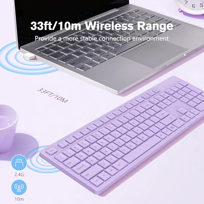 LeadsaiL Purple Wireless Keyboard, 2.4GHz Full-Sized Ergonomic Computer Keyboard - Image 2