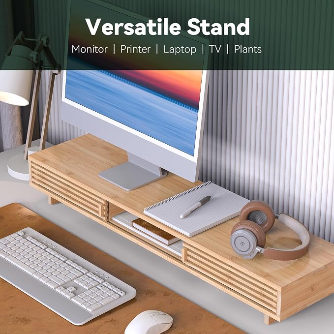 Dual Monitor Stand Riser with Sliding Door, Double Computer Laptop Stand Desk - Image 3