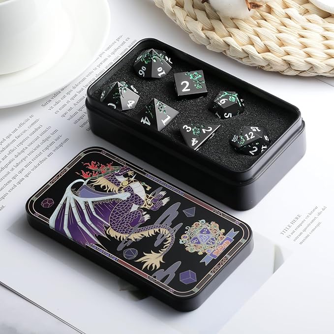 Glitter Green DND Metal Dice, DNDND 7 PCS Flower Metallic DND Dice Set - Image 5