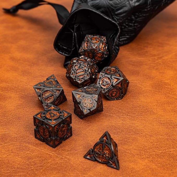 Orange Black Nickel Finish Heavy Metal DND Dice Set - Image 3
